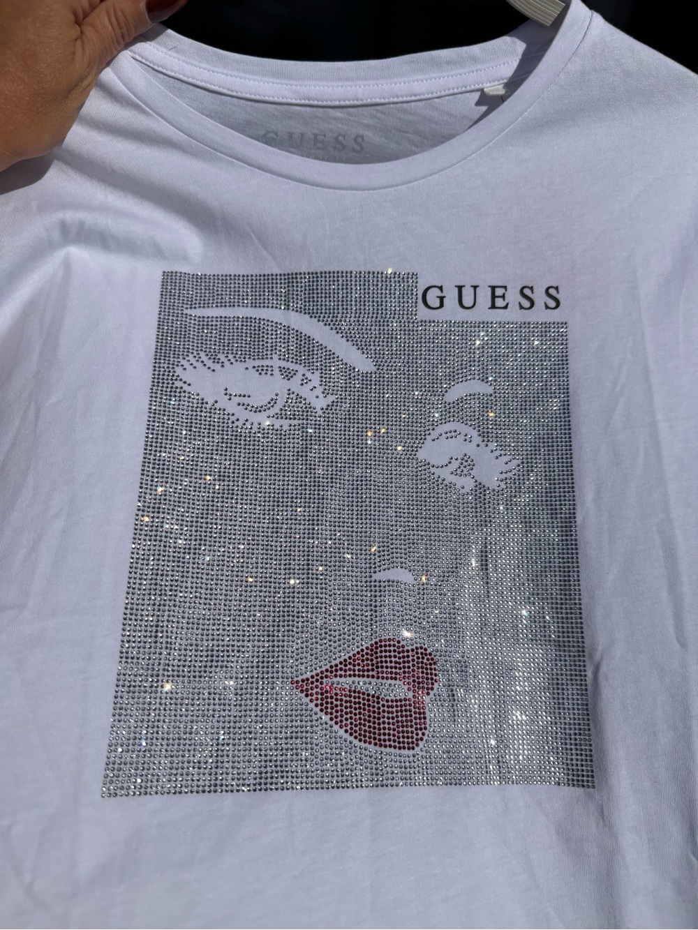 NWT GUESS White Tee with Silver Rhinestone Face and Red Lips